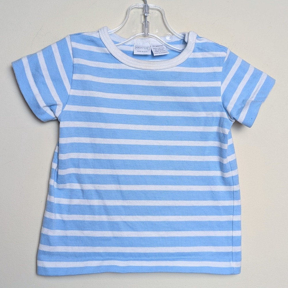 Vintage 80s Lands End Baby Blue Pocket Striped Single Stitch Shirt 24 Months